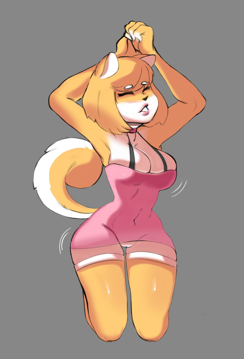 4_fingers absurd_res anthro blush bottomwear butterscotch_(peargor) camel_toe camisole canid canine canis clothing collar domestic_dog eyebrows eyes_closed female fingers grey_background hair hi_res kneeling lips mammal motion_lines pink_collar raised_arm shaking shiba_inu short_hair shorts simple_background solo spitz tbat tight_clothing white_bottomwear white_clothing white_eyebrows white_shorts