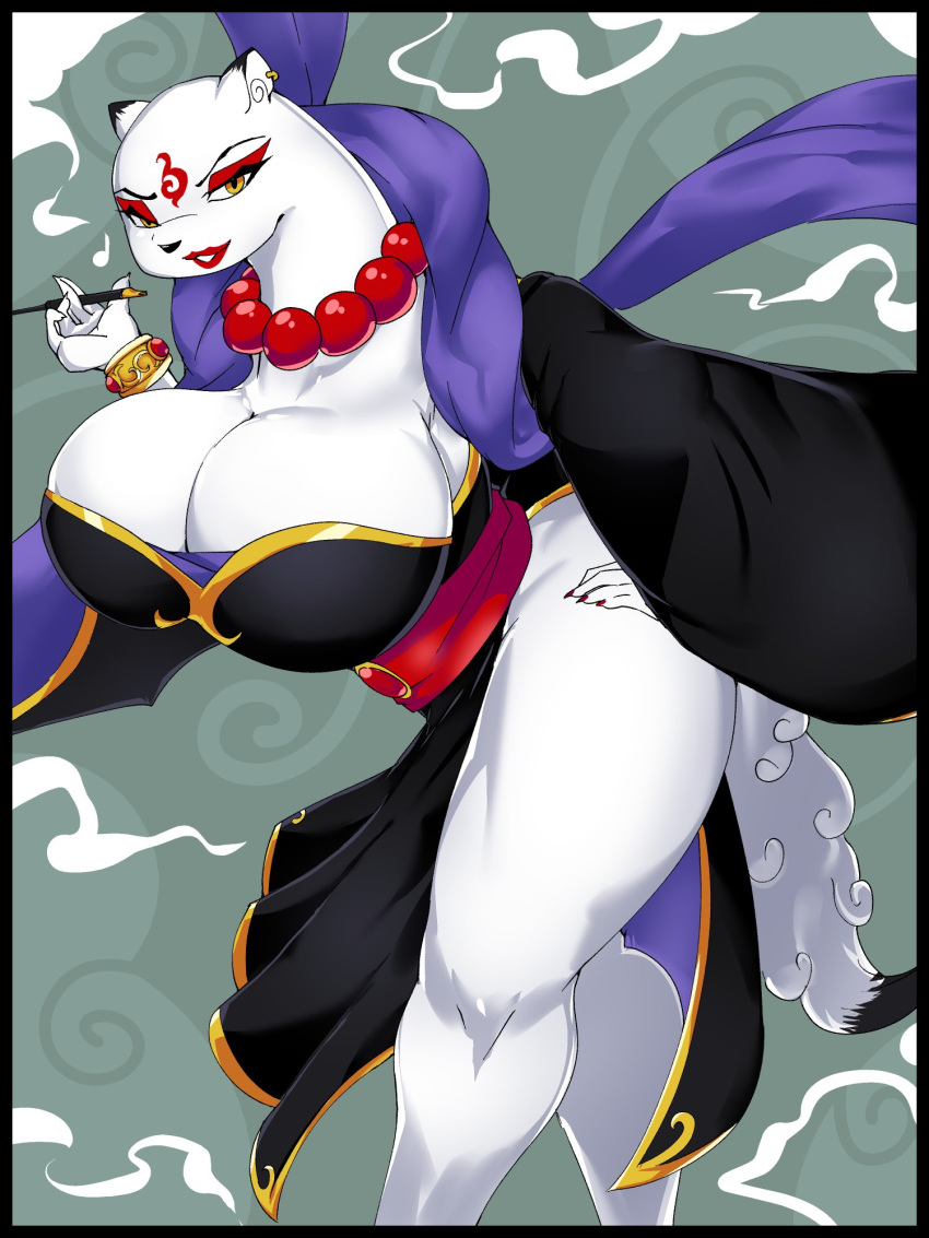 3:4 anthro big_breasts breasts cleavage clothed clothing female hand_on_hip hi_res keiko_tachibana mammal mature_female mustela mustelid musteline smoking solo sya white_body