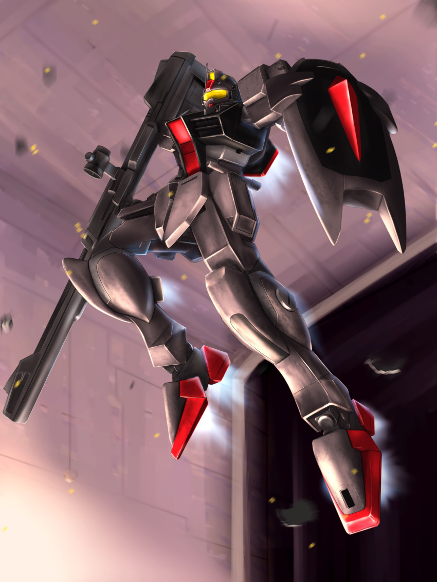 absurdres alternate_color dagger_l dock flying gun gundam gundam_seed highres holding holding_gun holding_shield holding_weapon looking_ahead mecha no_humans recoilless_rifle shield sidehiwinder solo space visor weapon