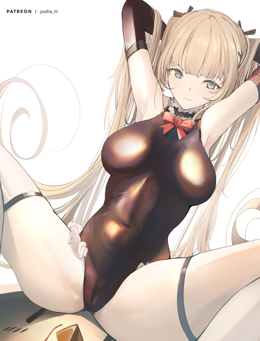 1girl azur_lane blonde_hair blue_eyes bow breasts cameltoe covered_navel dead_or_alive dead_or_alive_xtreme detached_sleeves eyebrows_visible_through_hair frilled_swimsuit frills hands_in_hair highres impossible_clothes long_hair looking_at_viewer marie_rose medium_breasts one-piece_swimsuit red_bow red_swimsuit shiny shiny_clothes shiny_swimsuit skin_tight solo spread_legs swimsuit thigh_strap very_long_hair yusha_(m-gata)