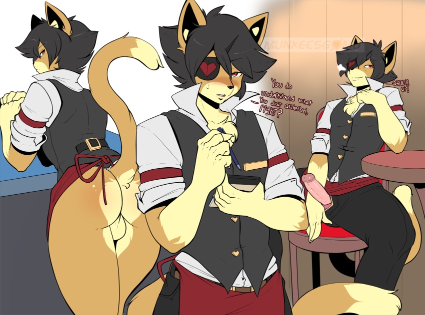 anthro apron balls bottomless bottomwear butt clothed clothing domestic_cat erection eye_patch eyewear felid feline felis genitals hair humanoid_genitalia humanoid_penis male mammal munks_(artist) munks_(character) pants penis raised_tail solo