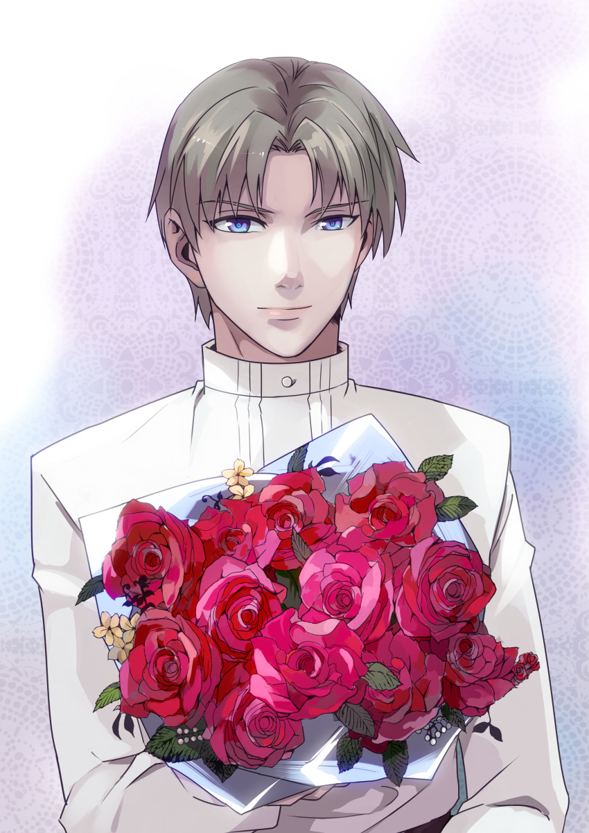 1boy absurdres blue_eyes bouquet brown_hair curtained_hair flower gakuran gouichi heshikiri_hasebe highres looking_at_viewer red_flower red_rose rose school_uniform smile solo touken_ranbu