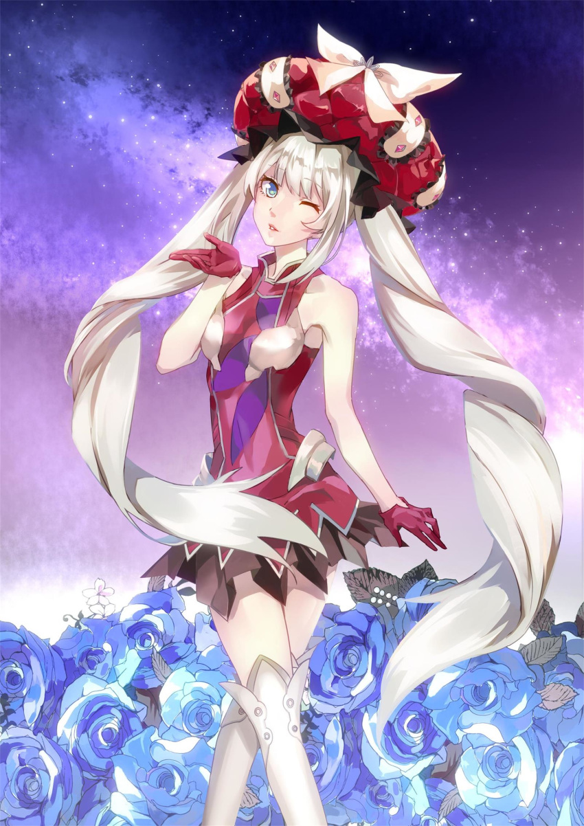 1girl bare_shoulders blown_kiss blue_eyes blue_flower blue_rose boots fate/grand_order fate_(series) flower gloves gouichi hat highres large_hat long_hair marie_antoinette_(fate/grand_order) one_eye_closed open_mouth red_gloves rose silver_hair thigh_boots thighhighs twintails very_long_hair