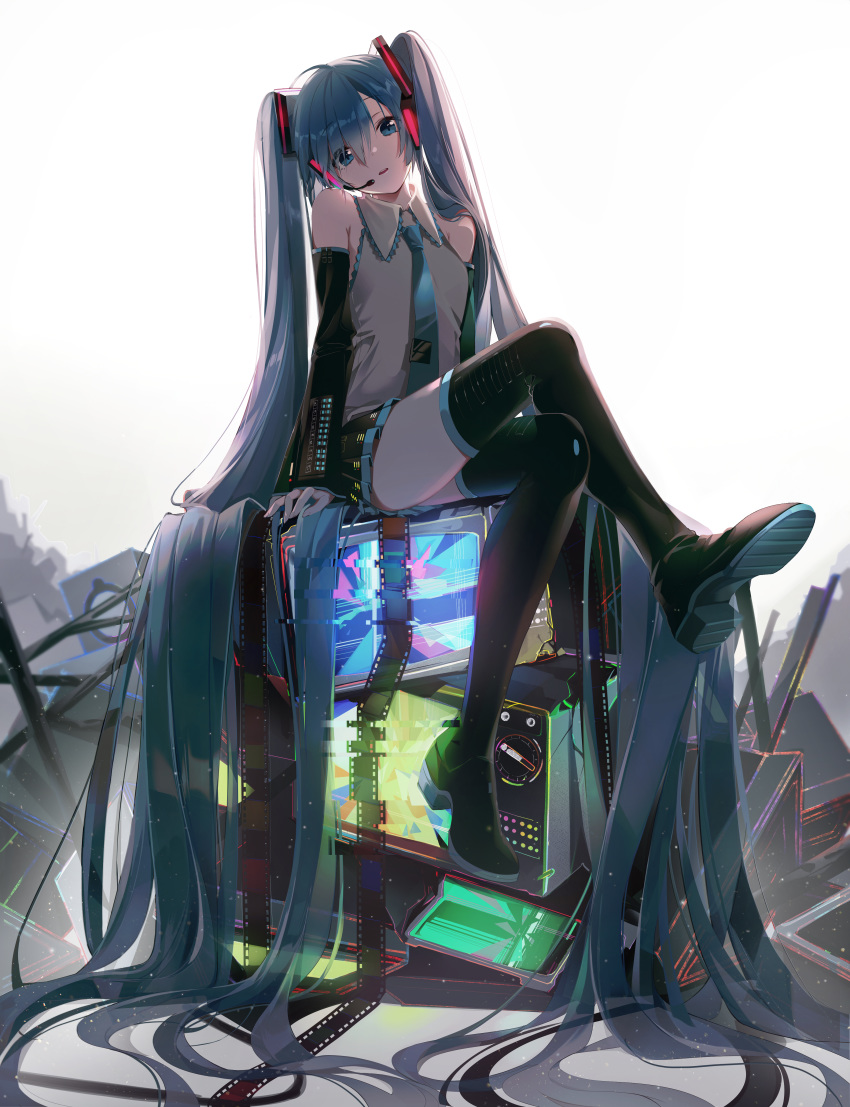 1girl absurdly_long_hair absurdres ahoge black_footwear black_skirt black_sleeves blue_eyes blue_hair blue_neckwear boots buri_(retty9349) collared_shirt detached_sleeves full_body grey_shirt hatsune_miku head_tilt headset highres huge_filesize long_hair long_sleeves looking_at_viewer miniskirt necktie parted_lips pleated_skirt shirt simple_background sitting skirt solo television thigh_boots thighhighs twintails very_long_hair vocaloid white_background zettai_ryouiki