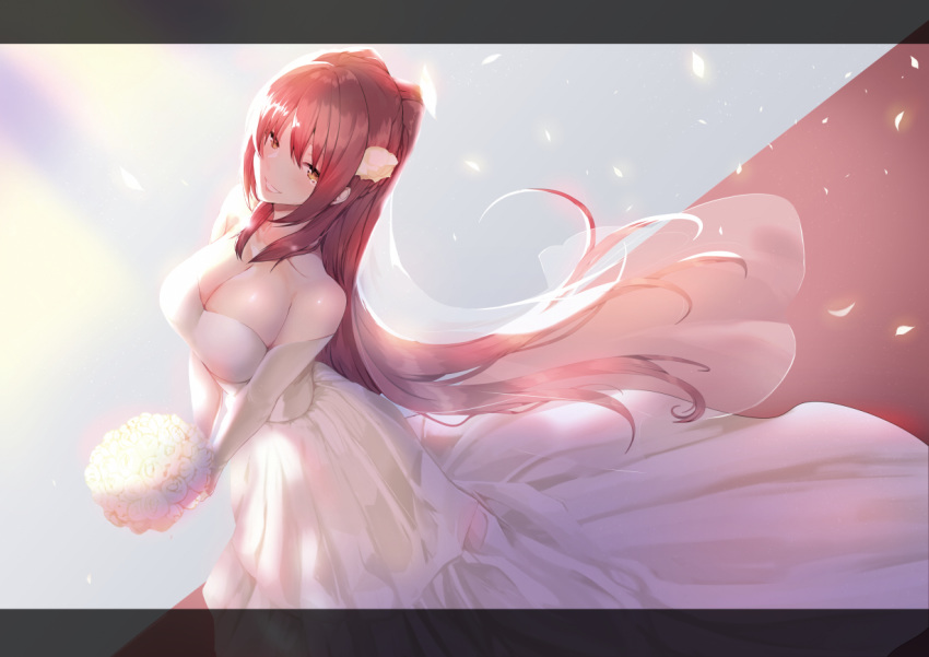 1girl bare_shoulders bouquet breasts cleavage commentary_request dress elbow_gloves flower gloves grin hair_flower hair_ornament kousaka_tamaki large_breasts long_hair looking_at_viewer nakajima_kotoko red_hair smile solo teeth to_heart_2 very_long_hair wedding_dress white_gloves yellow_eyes