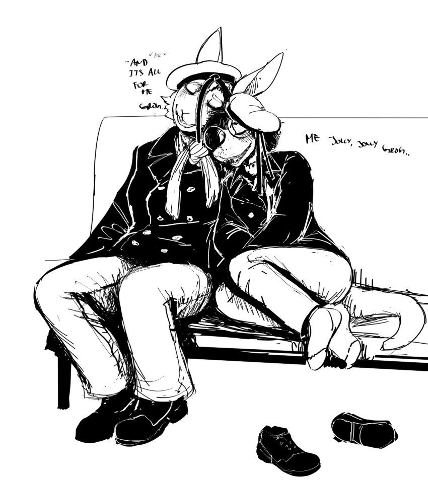 2020 anthro black_and_white clothing didelphid drunk duo eyes_closed female footwear hi_res hladilnik lagomorph leporid mammal marsupial marylin_(hladilnik) monochrome naval_uniform pro_bun_(hladilnik) rabbit sailor_hat sailor_uniform socks substance_intoxication