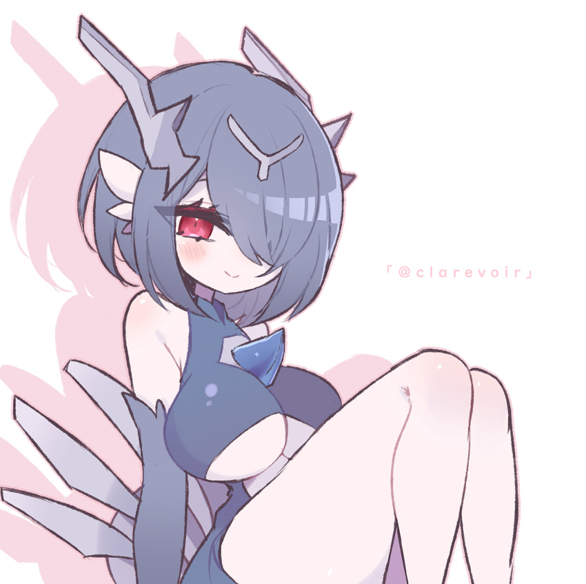 1girl artist_name bangs bare_shoulders blue_dress blue_hair blush bob_cut breasts clarevoir cleavage_cutout closed_mouth clothing_cutout colored_skin commentary dialga dress drop_shadow elbow_gloves english_commentary fusion gardevoir gen_3_pokemon gen_4_pokemon gloves grey_gloves hair_over_one_eye half-closed_eyes happy headgear highres knees_up large_breasts legendary_pokemon looking_at_viewer mixed-language_commentary outline pink_outline pokemon pokemon_(creature) red_eyes shiny shiny_clothes shiny_hair short_dress short_hair simple_background sitting smile solo twitter_username underboob underboob_cutout watermark white_background white_skin