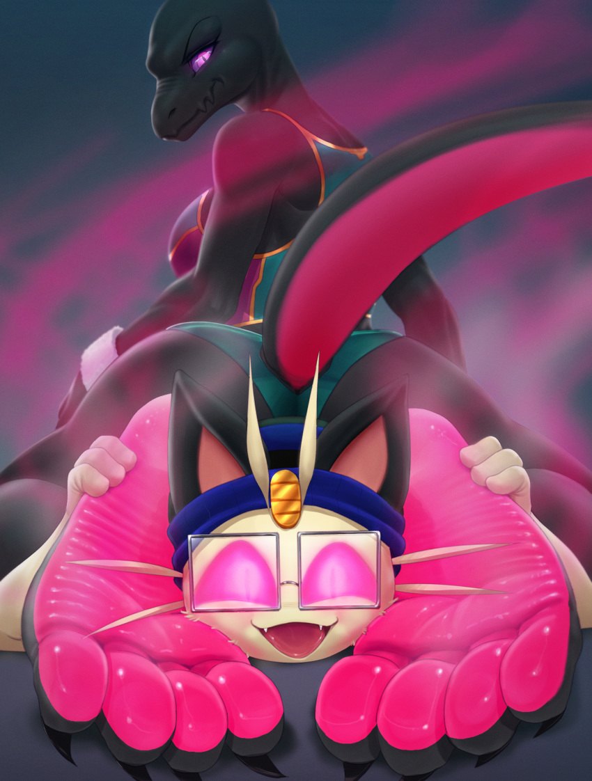 4_toes absurd_res anthro black_body black_skin claws clothed clothing duo eyewear feet female foot_fetish foot_focus glasses glistening glistening_body glistening_skin hat headgear headwear hi_res jinu_(character) looking_back male male/female meowth nintendo open_mouth pheromones pink_body pink_eyes pink_feet pink_skin pink_soles pok&eacute;mon pok&eacute;mon_(species) puffypinkpaws pupils salazzle slit_pupils soles stella_(cornchip21) toe_claws toes video_games wrinkly_feet