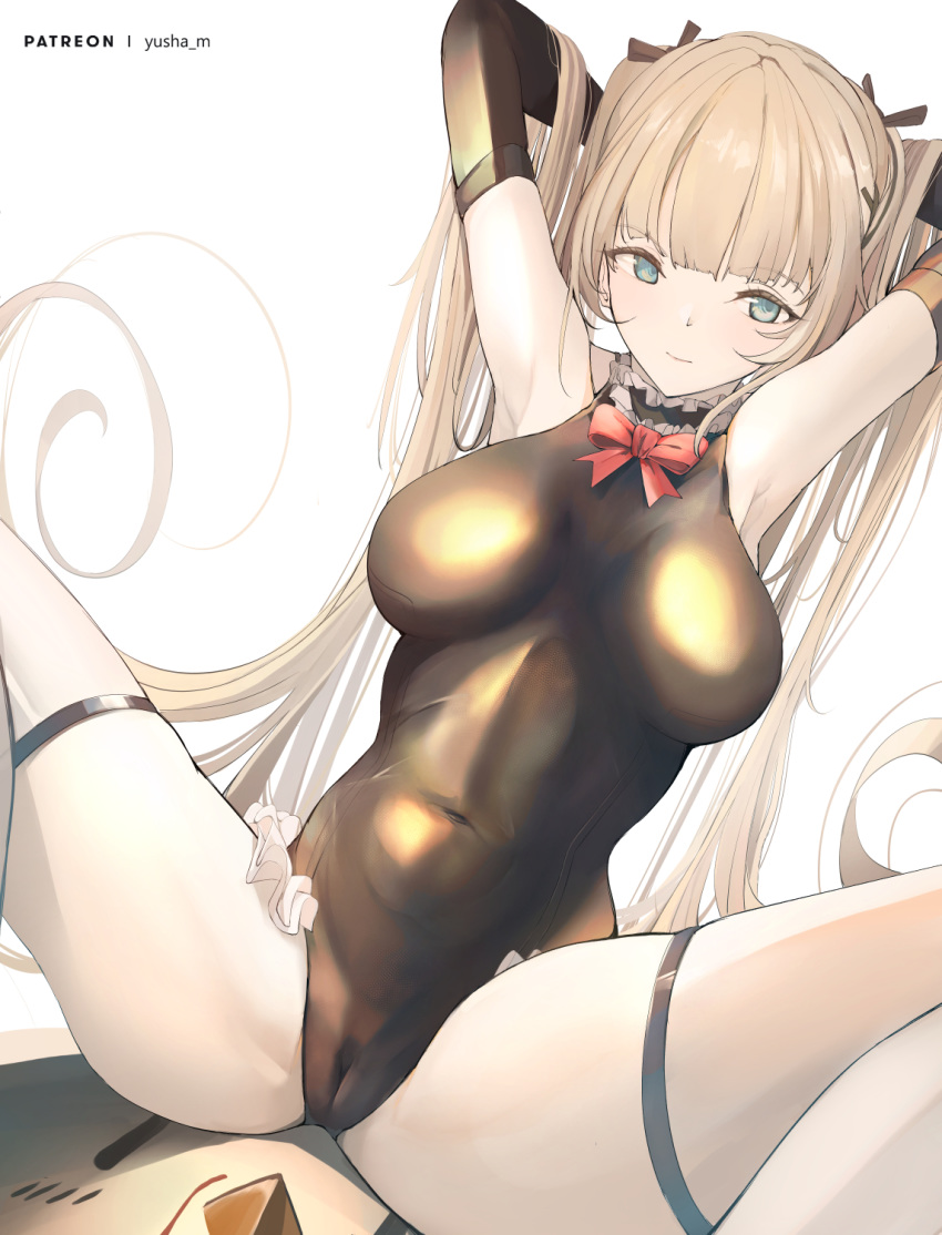 1girl azur_lane blonde_hair blue_eyes bow breasts cameltoe covered_navel dead_or_alive dead_or_alive_xtreme detached_sleeves eyebrows_visible_through_hair frilled_swimsuit frills gold_swimsuit hands_in_hair highres impossible_clothes long_hair looking_at_viewer marie_rose medium_breasts one-piece_swimsuit red_bow shiny shiny_clothes shiny_swimsuit skin_tight solo spread_legs swimsuit thigh_strap very_long_hair yusha_(m-gata)