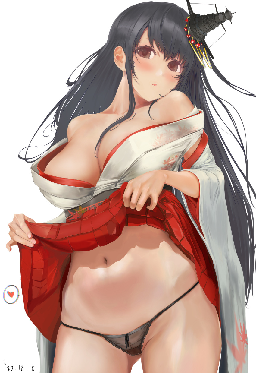 1girl absurdres bangs black_hair black_panties blush breasts brown_eyes dated detached_sleeves floral_print fusou_(kantai_collection) hair_ornament headgear heart highres japanese_clothes kantai_collection large_breasts leaf_print lifted_by_self long_hair long_sleeves navel open_mouth ototoi_koi panties red_skirt remodel_(kantai_collection) simple_background skirt skirt_lift solo spoken_heart underwear white_background wide_sleeves