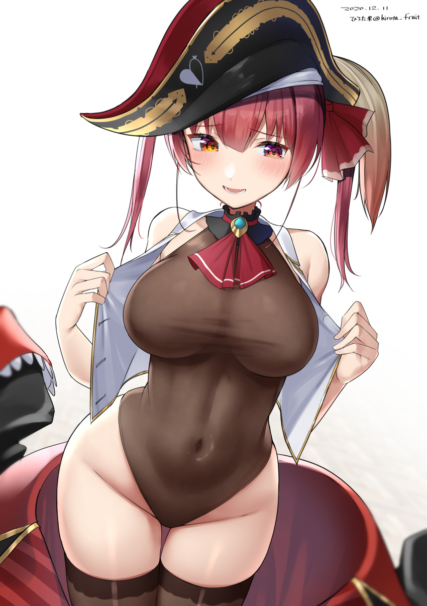 1girl :d absurdres arrow_through_heart ascot bangs bare_hips bare_shoulders blush breasts brown_legwear brown_leotard coat coat_removed dated eyebrows_visible_through_hair groin hair_between_eyes hair_ribbon hat heterochromia highleg highleg_swimsuit highres hirota_fruit hololive houshou_marine large_breasts leotard looking_at_viewer no_eyepatch open_clothes open_mouth open_vest orange_eyes pirate_hat purple_hair red_coat red_eyes red_neckwear red_ribbon ribbon simple_background smile solo swimsuit thigh_gap thighhighs twintails twitter_username undressing vest virtual_youtuber white_background white_vest wide_hips