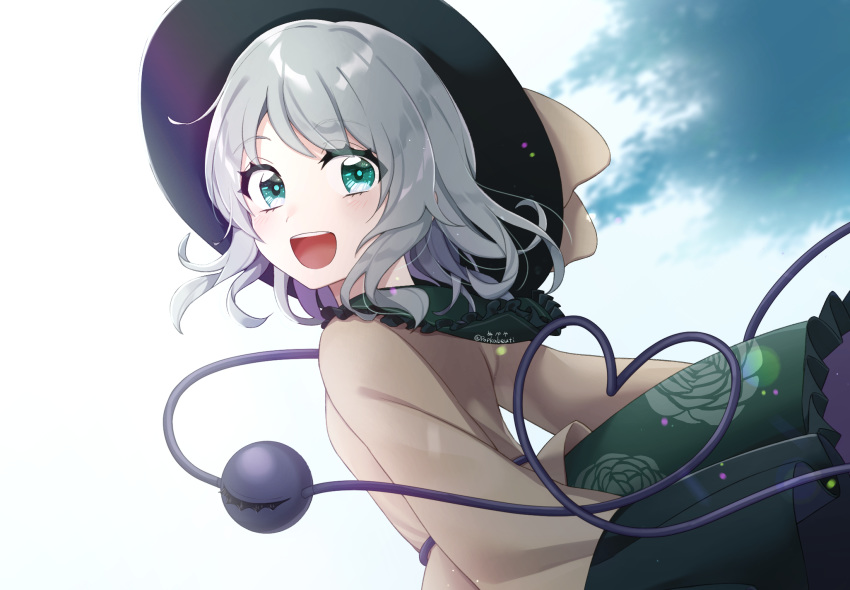 1girl :d artist_name bangs black_headwear bloom blouse bow cloud cloudy_sky commentary eyeball eyebrows_visible_through_hair flat_chest floral_print frilled_shirt_collar frills green_eyes green_skirt hat hat_bow heart heart_of_string highres komeiji_koishi light_green_hair light_rays looking_at_viewer looking_back medium_hair nupeya open_mouth skirt sky sleeves_past_wrists smile solo third_eye touhou upper_body upper_teeth wide_sleeves yellow_blouse yellow_bow