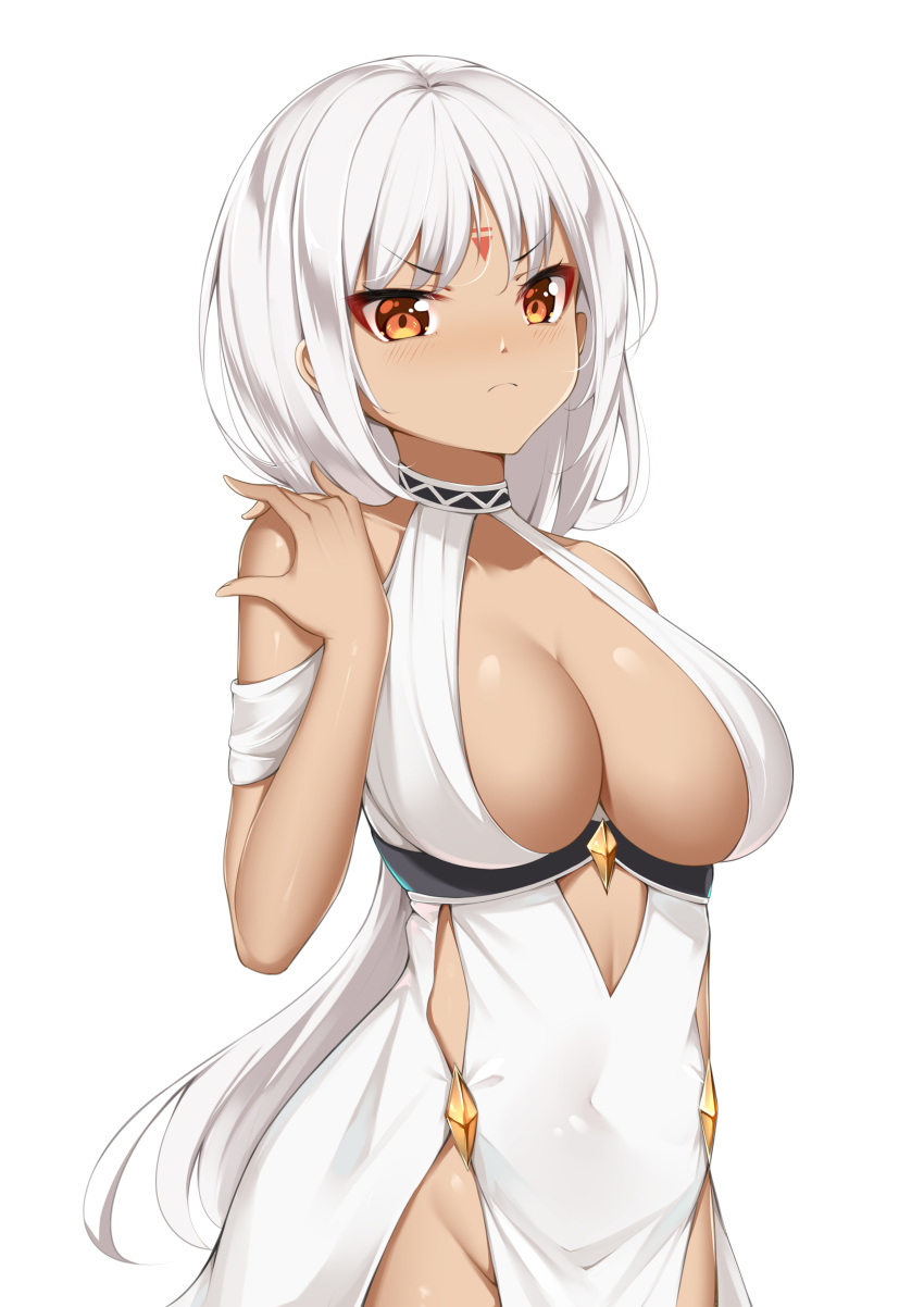 1girl absurdres azur_lane bangs bare_arms bare_shoulders breasts cat_(yidsv) cleavage closed_mouth collarbone covered_navel cowboy_shot cutout_above_navel dark_skin dark_skinned_female dress eyebrows_visible_through_hair facial_mark forehead_mark frown groin halter_dress hand_on_own_shoulder hand_up highres large_breasts light_blush long_hair looking_at_viewer massachusetts_(azur_lane) massachusetts_(dressed_to_impress)_(azur_lane) native_american orange_eyes side_cutout simple_background sleeveless solo standing v-shaped_eyebrows very_long_hair white_background white_dress white_hair