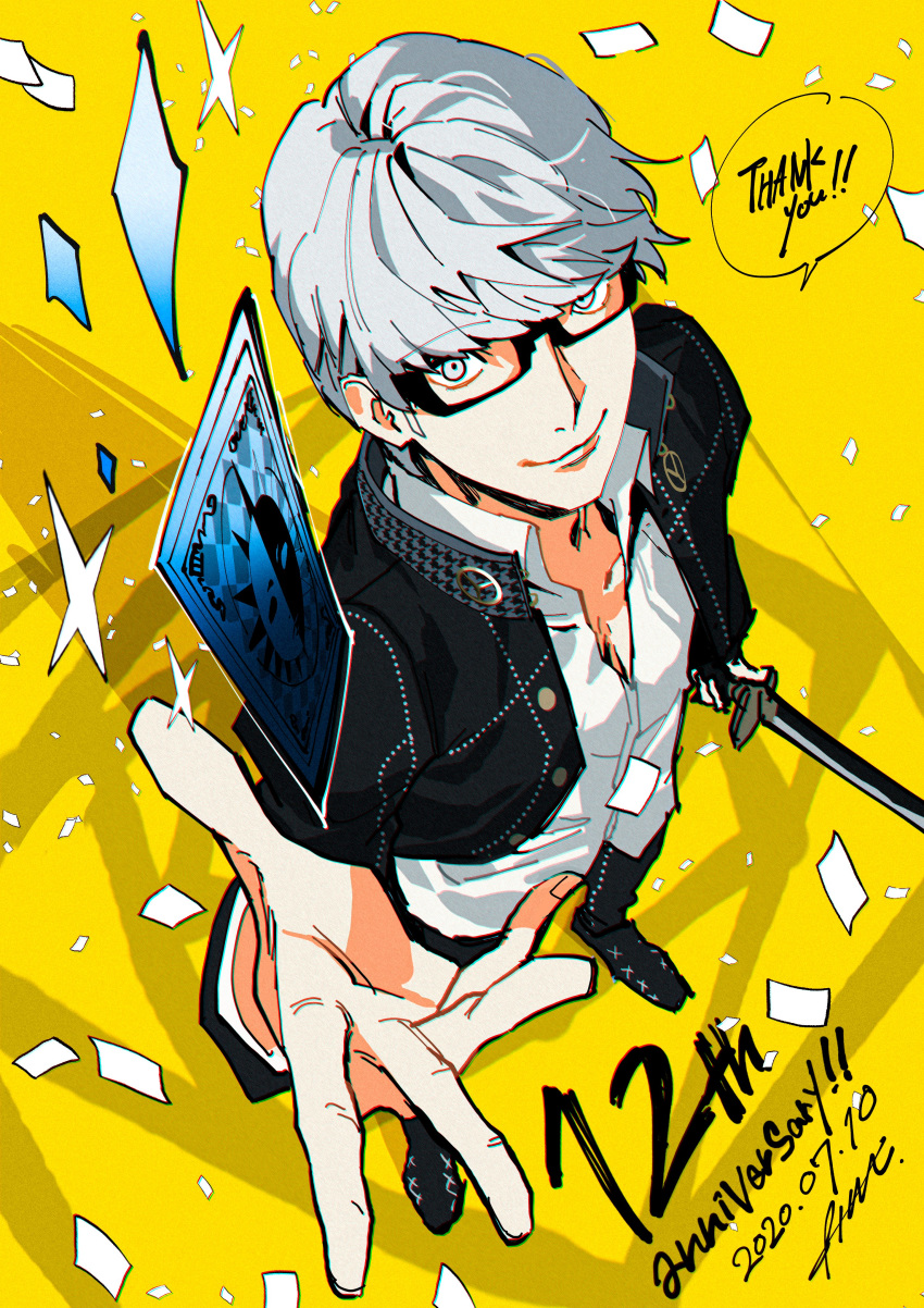 1boy absurdres anniversary bangs black-framed_eyewear black_footwear black_jacket btmr_game card confetti dated eyebrows_visible_through_hair from_above glasses highres holding holding_sword holding_weapon jacket katana long_sleeves male_focus narukami_yuu pants persona persona_4 school_uniform shirt signature silver_eyes silver_hair smile solo sword thank_you weapon white_shirt yasogami_school_uniform