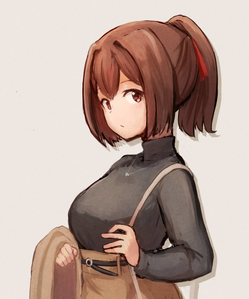 1girl black_sweater brown_eyes brown_hair brown_skirt commentary_request grey_background hair_ribbon highres ise_(kantai_collection) kantai_collection looking_at_viewer official_alternate_costume ponytail ribbon short_hair simple_background skirt solo sweater upper_body wss_(nicoseiga19993411)