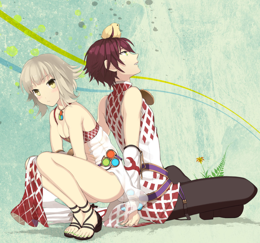 1boy 1girl abstract_background animal_on_head arai_12 argyle argyle_dress argyle_shirt bangs bird bird_on_head black_footwear black_pants blonde_hair blush breasts chick cleavage closed_mouth commentary_request crossed_legs detached_sleeves dress flower full_body green_eyes highres jewelry looking_at_viewer necklace on_head open_mouth painted pants plant ragnarok_online red_eyes sandals shirt shoes short_hair sitting sleeveless sleeveless_dress sleeveless_shirt small_breasts sorcerer_(ragnarok_online) squatting sweat white_sleeves yellow_eyes yellow_flower