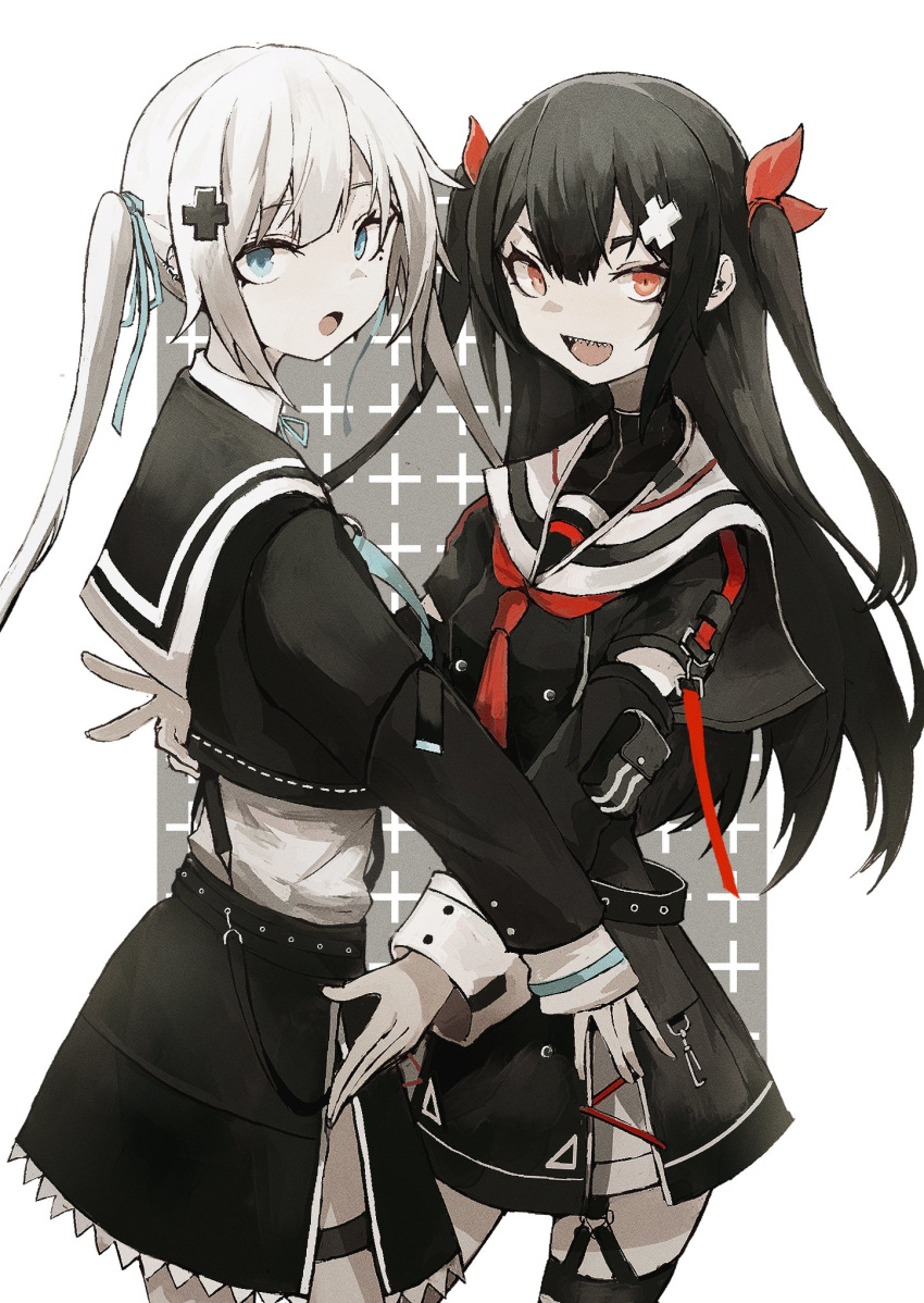 2girls bangs black_hair black_sailor_collar black_shirt blue_eyes blue_neckwear commentary garter_straps hair_ornament highres kurone_yomi long_hair mole mole_under_eye multiple_girls neckerchief open_mouth re:act red_eyes red_neckwear sailor_collar sailor_shirt sanshouuo sharp_teeth shirane_yuki shirt sidelocks teeth two_side_up virtual_youtuber white_hair white_sailor_collar