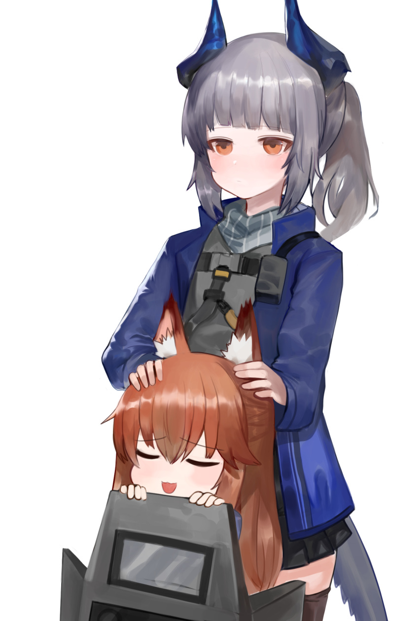 2girls :d arknights bangs black_skirt blue_jacket blush brown_eyes brown_hair brown_legwear closed_eyes curled_horns dokomon eyebrows_visible_through_hair franka_(arknights) grey_hair grey_shirt hair_between_eyes highres horns jacket liskarm_(arknights) long_hair multiple_girls open_clothes open_jacket open_mouth pleated_skirt ponytail riot_shield shirt simple_background skirt smile standing tail thighhighs white_background