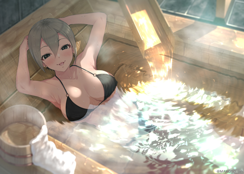 1girl :p armpits arms_up bangs bathing bikini black_bikini black_eyes blush breasts breasts_apart bucket cleavage commentary_request day earrings hair_between_eyes highres idolmaster idolmaster_cinderella_girls jewelry looking_at_viewer lying mizuki_makoto o-ring o-ring_bikini on_back onsen open_mouth partially_submerged shiomi_shuuko short_hair silver_hair smile solo steam sunlight swimsuit tongue tongue_out towel twitter_username water wooden_bucket