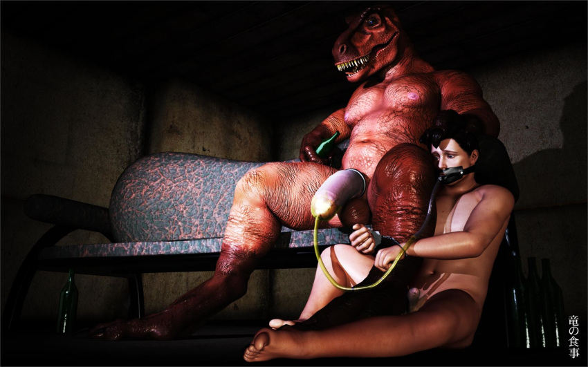 16:10 2015 3d_(artwork) anthro anthro_dominating_human anthro_domination bdsm bodily_fluids bondage bound concrete_wall digital_media_(artwork) dinosaur dragonfood duo flaccid furniture gag gagged genital_fluids genitals hand_on_head handcuffs hi_res human humanoid_genitalia humanoid_penis larger_anthro male mammal manspreading nude on_ground peeing penis reptile scalie shackles sitting size_difference smaller_human smaller_male sofa spread_legs spreading theropod tyrannosaurid tyrannosaurus tyrannosaurus_rex urine wall_(structure) watersports widescreen