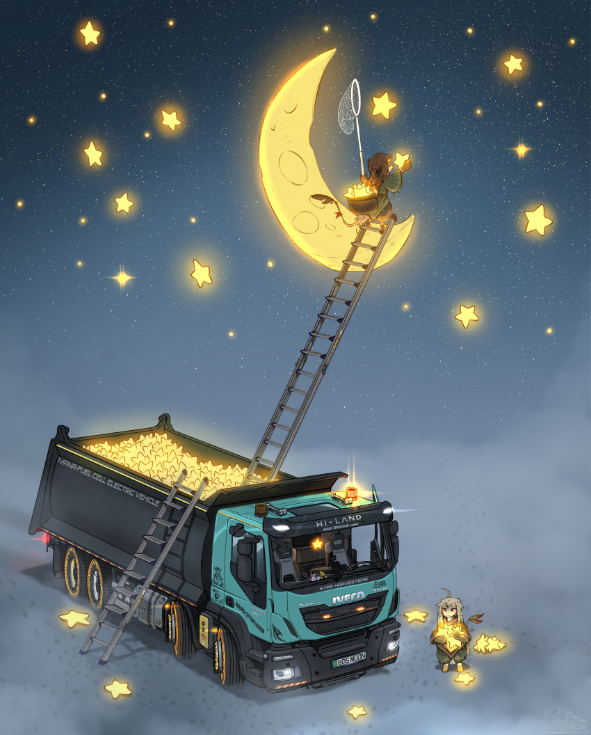 absurd_res accessory ambiguous_gender anthro basket butterfly_net clothed clothing cloud duo furgonomics hi_res iveco iveco_trakker ladder magic moon night nomad orang111 poncho star tail_accessory truck_(vehicle) unknown_species vehicle worker