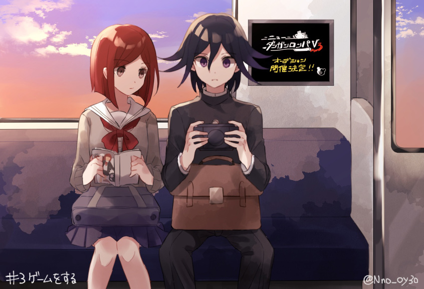 1boy 1girl bag bangs black_hair black_jacket black_pants book brown_bag character_print cloud commentary_request danganronpa hair_between_eyes holding holding_book jacket monokuma nanao_(nanao1023) new_danganronpa_v3 official_alternate_costume open_book ouma_kokichi pants purple_eyes red_hair sailor_collar school_uniform short_hair sitting skirt sky train_interior translation_request twitter_username yumeno_himiko