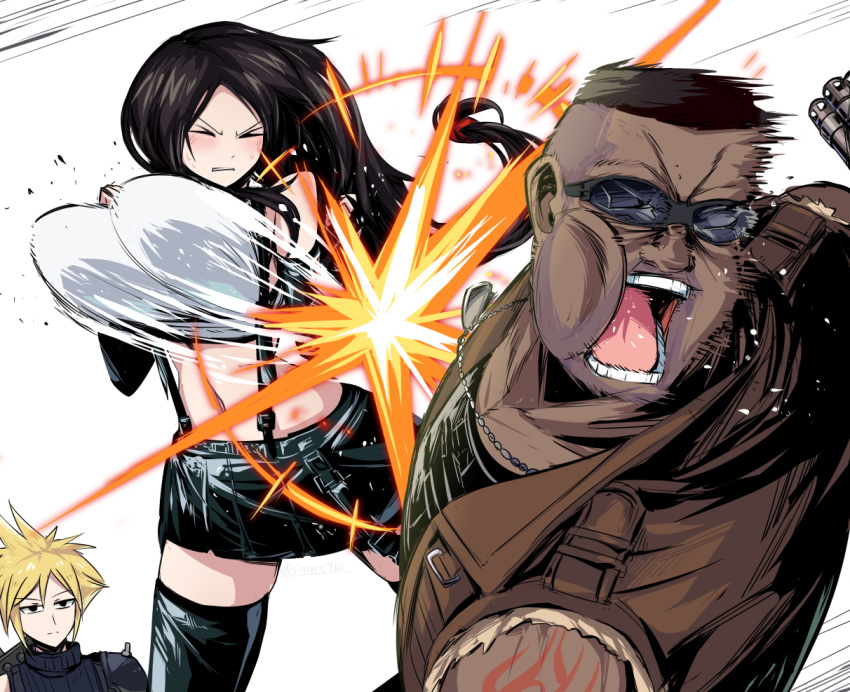 1girl 2boys barret_wallace black_hair blonde_hair blush breast_slap breasts broken_eyewear closed_eyes cloud_strife eyebrows_visible_through_hair final_fantasy final_fantasy_vii final_fantasy_vii_remake large_breasts long_hair low-tied_long_hair multiple_boys open_mouth shimure_(460) shiny shiny_hair simple_background skirt suspender_skirt suspenders tifa_lockhart unamused white_background