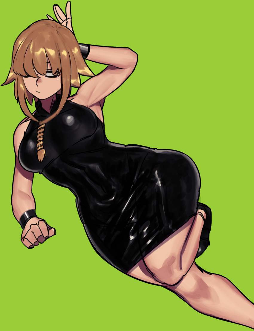1girl absurdres arm_behind_head armpits black_dress braid breasts brown_eyes brown_hair clenched_hand dress green_background hair_over_one_eye highres leg_up looking_to_the_side mano_(deew123) medium_breasts medusa_gorgon one_eye_covered solo soul_eater twin_braids wide_hips wrist_cuffs