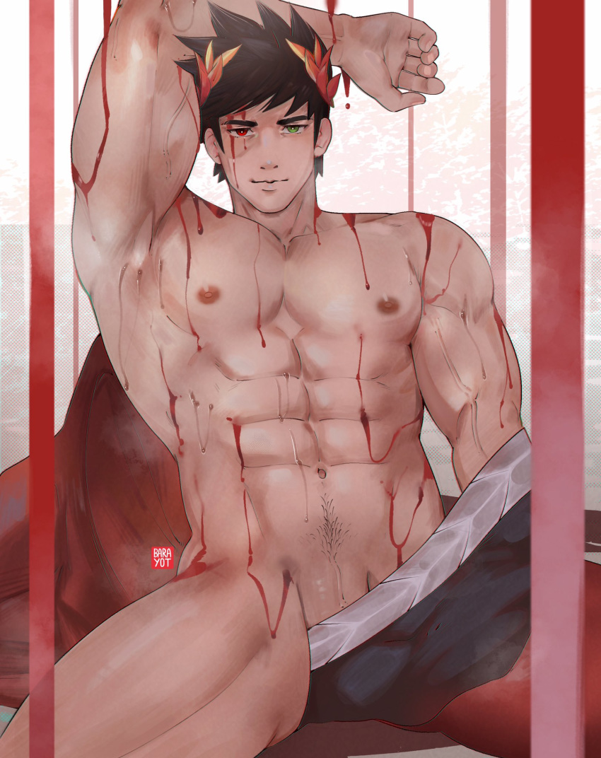 1boy abs arm_on_head bangs bara barayot black_hair blood blood_on_face flaccid green_eyes hades_(game) heterochromia highres laurel_crown looking_at_viewer male_focus muscle navel navel_hair nipples pectorals penis_peek pool_of_blood red_eyes short_hair spiked_hair spread_legs thick_thighs thighs veins zagreus_(hades)