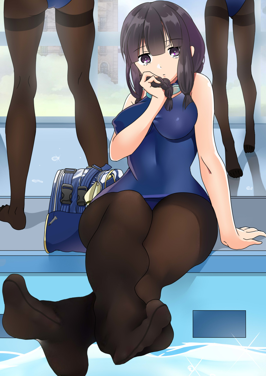 3girls absurdres ass bag bangs black_hair black_legwear blue_swimsuit blunt_bangs braid breasts crossed_legs day eyebrows_visible_through_hair feet fine_fabric_emphasis foot_focus goggles hair_over_shoulder highres indoors kantai_collection kitakami_(kantai_collection) legs long_hair looking_at_viewer medium_breasts multiple_girls no_shoes one-piece_swimsuit pantyhose pantyhose_under_swimsuit pdc pool poolside purple_eyes rei_no_pool school_bag school_swimsuit school_uniform serafuku shadow single_braid sitting smile soles swimsuit thighband_pantyhose toe_scrunch toe_seam water window