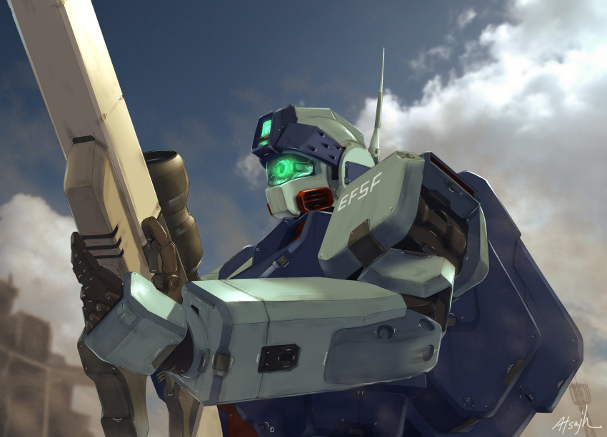 absurdres atsajh cloud gm_sniper_ii gun gundam gundam_0080 highres holding holding_gun holding_weapon mecha no_humans rifle signature sniper_rifle sniper_scope weapon