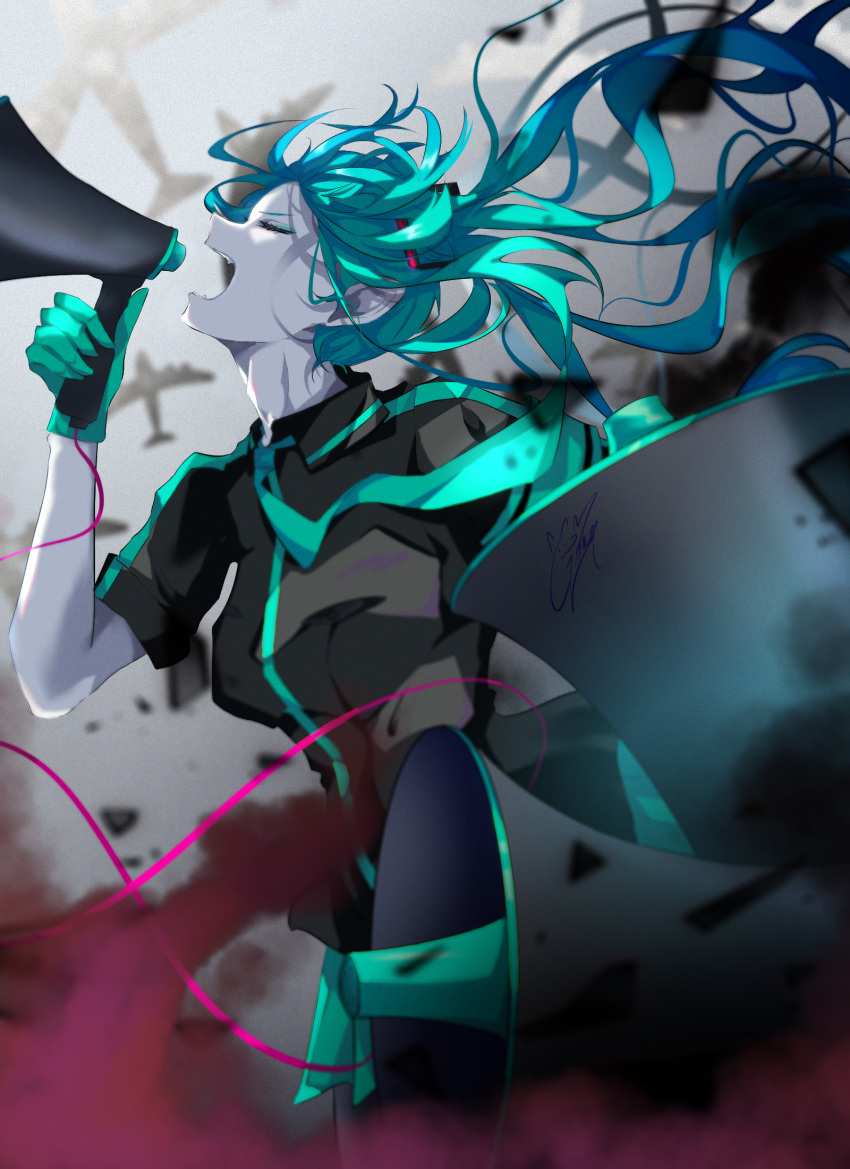 1girl aircraft airplane aqua_gloves aqua_hair aqua_neckwear bomber closed_eyes floating_hair from_side gloves goma_irasuto hatsune_miku highres holding holding_megaphone jet koi_wa_sensou_(vocaloid) long_hair megaphone military military_vehicle necktie open_mouth solo twintails vocaloid