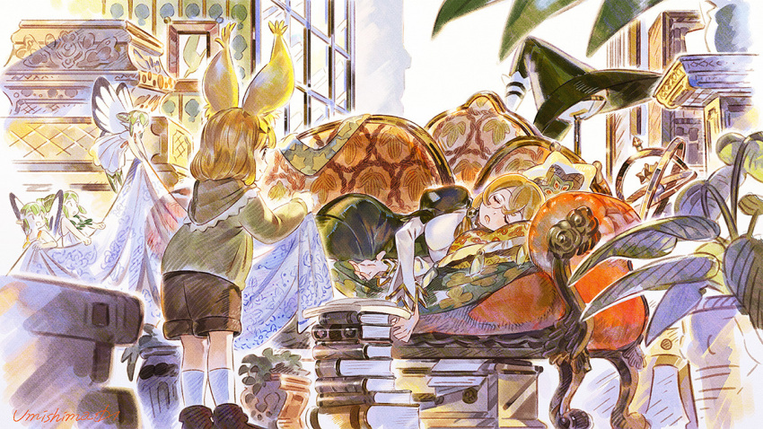 5girls animal_ears black_footwear black_headwear blanket book book_stack brown_hair butterfly_wings child couch covering_with_blanket fairy hat headwear_removed holding holding_blanket leaf monocle multiple_girls original plant shoes signature sleeping socks umishima_senbon white_legwear window wings witch_hat