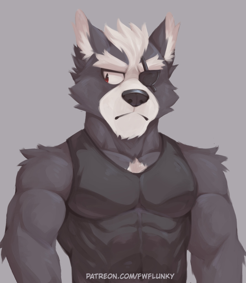 abs absurd_res anthro biceps biped canid canine canis clothed clothing eye_patch eyebrows eyewear fingers flunky fur grey_body grey_fur hair hi_res looking_aside male mammal multicolored_body multicolored_fur muscular muscular_anthro muscular_arms muscular_male nintendo pecs red_eyes simple_background solo standing star_fox triceps two_tone_body two_tone_fur video_games white_body white_fur wolf wolf_o'donnell