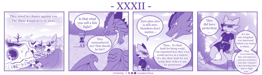 4koma ambiguous_gender anthro braver_(character) clothing comic dialogue disaster_dragon dragon duo english_text feral hi_res kobold mask melee_weapon monochrome purple_theme scalie speech_bubble text vavacung weapon wings