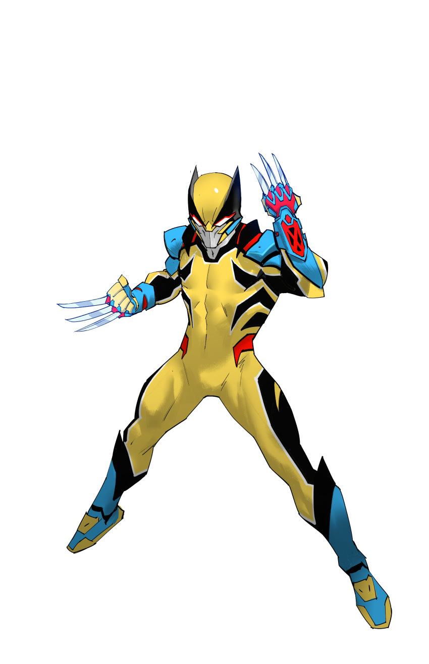 1boy absurdres claws clenched_hands dan_mora english_commentary fighting_stance from_above helmet highres leaning_back looking_down marvel redesign solo superhero tokusatsu white_background white_eyes wolverine x-men