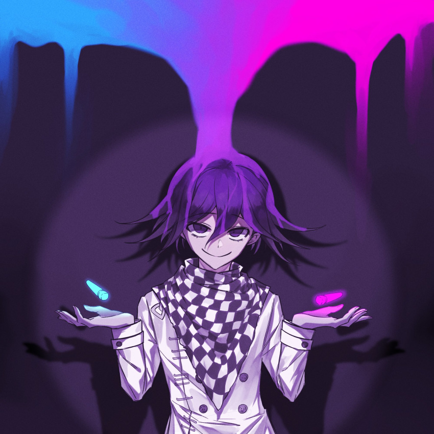 1boy bangs black_hair bullet checkered checkered_scarf closed_mouth commentary_request danganronpa double-breasted hair_between_eyes highres jacket long_sleeves looking_at_viewer lysm425 male_focus new_danganronpa_v3 ouma_kokichi pink_blood purple_eyes purple_hair scarf short_hair smile solo straitjacket upper_body white_jacket