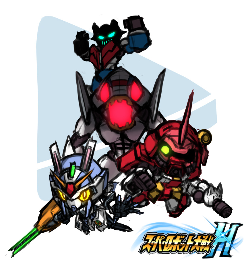 advance_of_zeta blue_eyes chibi clenched_hands drill fusion glowing glowing_eye glowing_eyes green_eyes gundam highres holding holding_lance holding_polearm holding_weapon hololive lance logo_parody looking_at_viewer looking_down mazinger_z mecha mobile_suit_gundam neon_genesis_evangelion no_humans one-eyed open_mouth parody pekodam pinguinkotak polearm red_eyes sakura_miko subaru_duck super_robot super_robot_wars tr-6_woundwort usada_pekora virtual_youtuber weapon yellow_eyes zaku_ii_s_char_custom