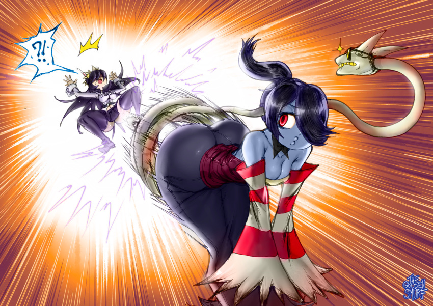 !? 2girls ass black_hair blue_skin breasts cleavage colored_skin commentary filia_(skullgirls) highres hip_attack huge_ass large_breasts leviathan_(skullgirls) long_sleeves medium_breasts meme multiple_girls purple_hair red_eyes skullgirls squigly_(skullgirls) striped_sleeves sunglasses the_golden_smurf thick_thighs thighs zombie