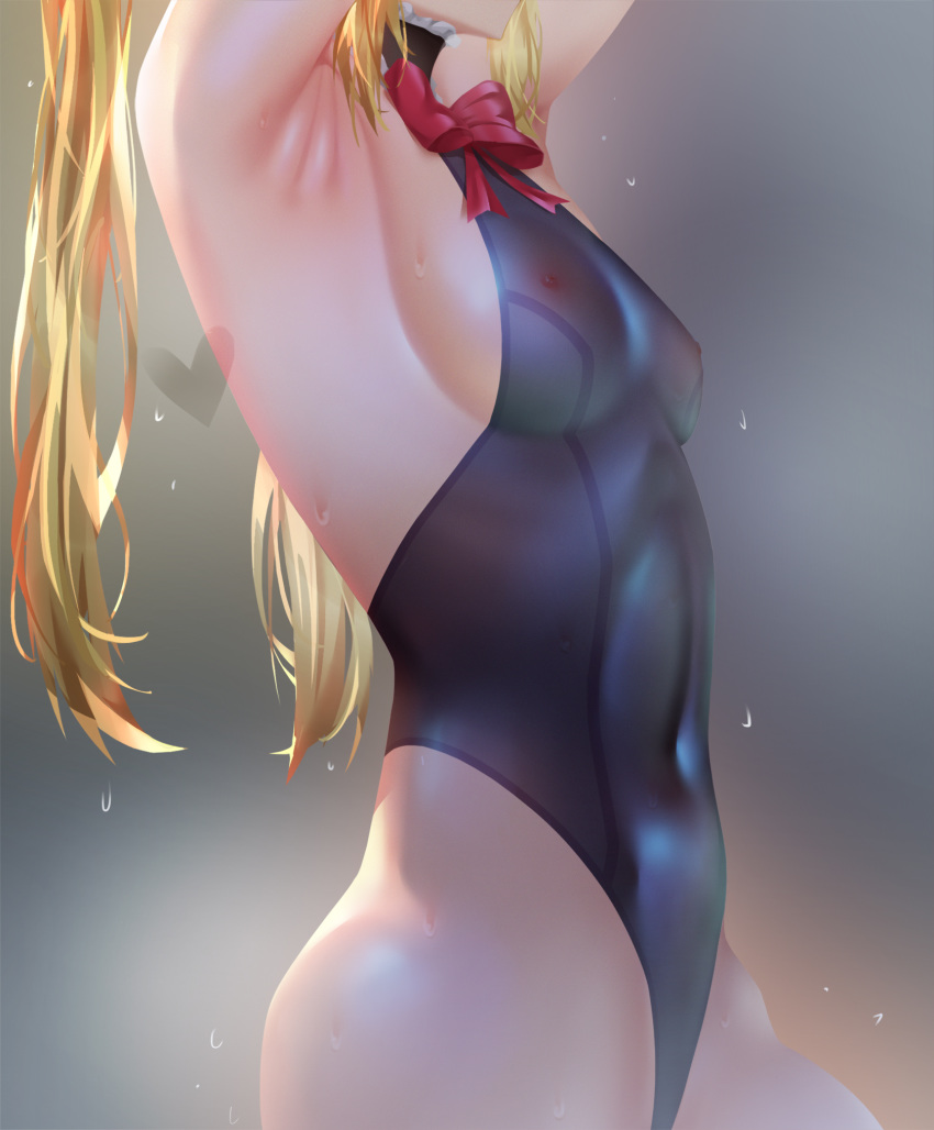 1girl armpits blonde_hair blue_swimsuit bodypaint breasts dead_or_alive h.carrrrrrot highres leotard long_hair marie_rose one-piece_swimsuit painted_clothes red_ribbon ribbon sideboob small_breasts solo swimsuit tan tanline twintails wet