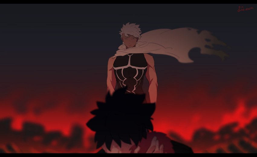 3boys applechoc archer armor bare_arms black_hair blurry burning cape dark_skin depth_of_field emiya_kiritsugu emiya_shirou fate/stay_night fate_(series) floating_cape highres looking_at_another multiple_boys out_of_frame red_hair sad signature tattered_cape time_paradox twitter_username white_hair