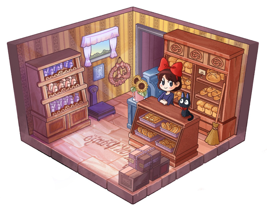 1girl baguette bakery black_cat blush_stickers bow bread broom brown_hair cat commentary counter english_commentary flower food hair_bow hairband indoors jiji_(majo_no_takkyuubin) kiki majo_no_takkyuubin shelf shop short_hair smile sunflower white_background window woudim wreath