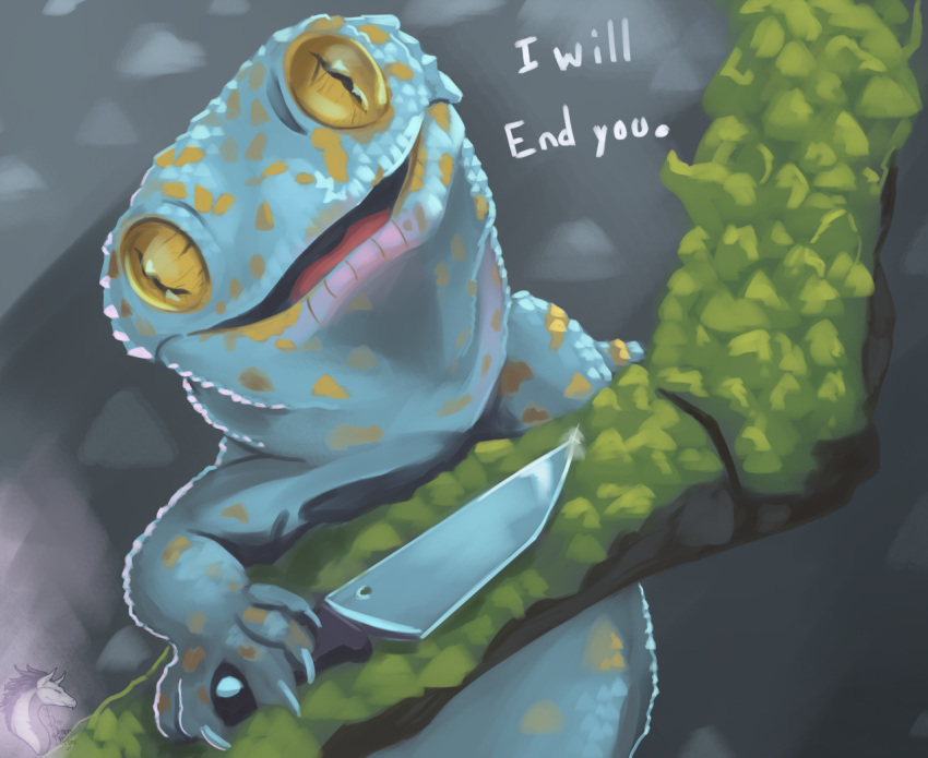 2020 5_fingers ambiguous_gender black_eyes blue_body calling_gecko dew_dragon digital_media_(artwork) english_text feral fingers gecko knife lizard looking_at_viewer markings open_mouth pupils reptile scalie slit_pupils solo text threatening tokay_gecko yellow_markings yellow_sclera