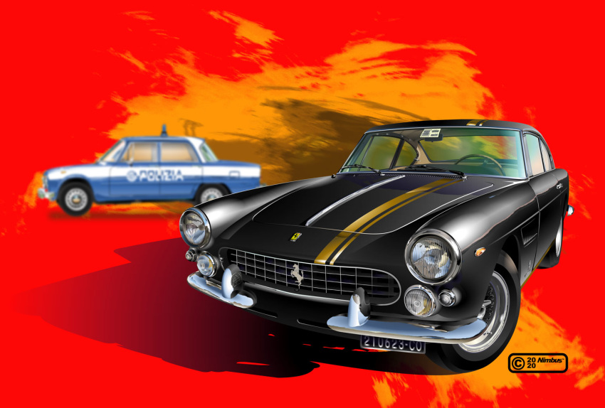 car ferrari ferrari_250_gto ground_vehicle headlight motor_vehicle nimbus_goldbrum no_humans original police police_car realistic red_background vehicle_focus