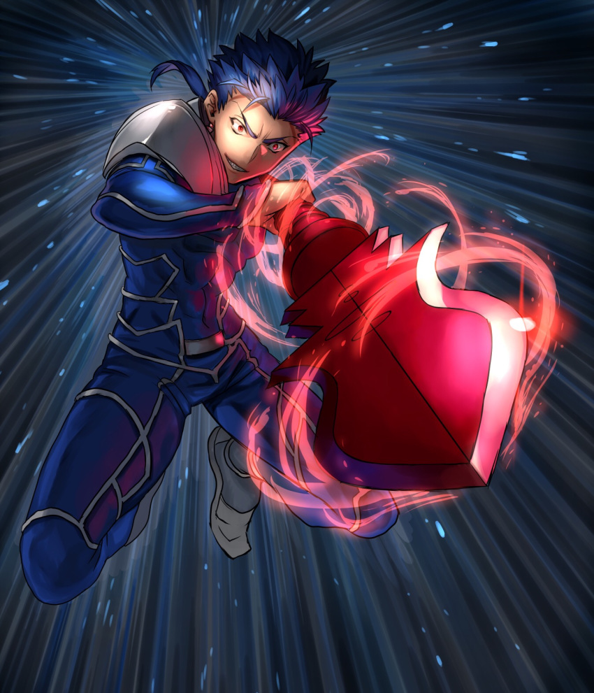 1boy armor blue_hair bodysuit closed_mouth cu_chulainn_(fate)_(all) fate/stay_night fate_(series) gae_bolg grin highres holding holding_polearm holding_weapon incoming_attack jumping lancer long_hair male_focus muscle none_(kameko227) pauldrons polearm ponytail red_eyes shoulder_armor skin_tight smile solo spiked_hair type-moon weapon