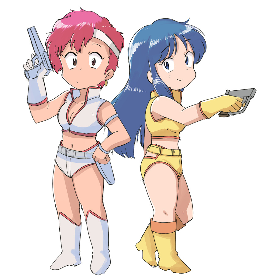 2girls back-to-back blue_hair boots breasts brown_eyes chibi cleavage_cutout clothing_cutout dirty_pair energy_sword gun hand_on_hip highres holding holding_gun holding_weapon kei_(dirty_pair) looking_at_viewer medium_breasts multiple_girls navel red_hair short_hair smile sword tsubobot weapon white_footwear wide_hips yellow_footwear yuri_(dirty_pair)