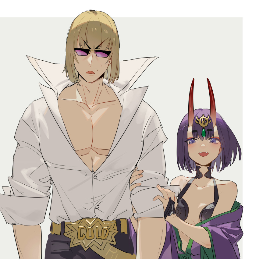 1boy 1girl absurdres arm_grab bangs bare_pecs bare_shoulders black_pants blonde_hair bob_cut breasts collared_shirt eyeliner fate/grand_order fate_(series) highres horns japanese_clothes kimono looking_at_viewer makeup muscle oni oni_horns open_clothes open_kimono open_mouth open_shirt pants pectorals purple_eyes purple_hair purple_kimono sakata_kintoki_(fate/grand_order) shirt short_hair shuten_douji_(fate/grand_order) skin-covered_horns small_breasts sunglasses sweatdrop white_shirt zhibuji_loom