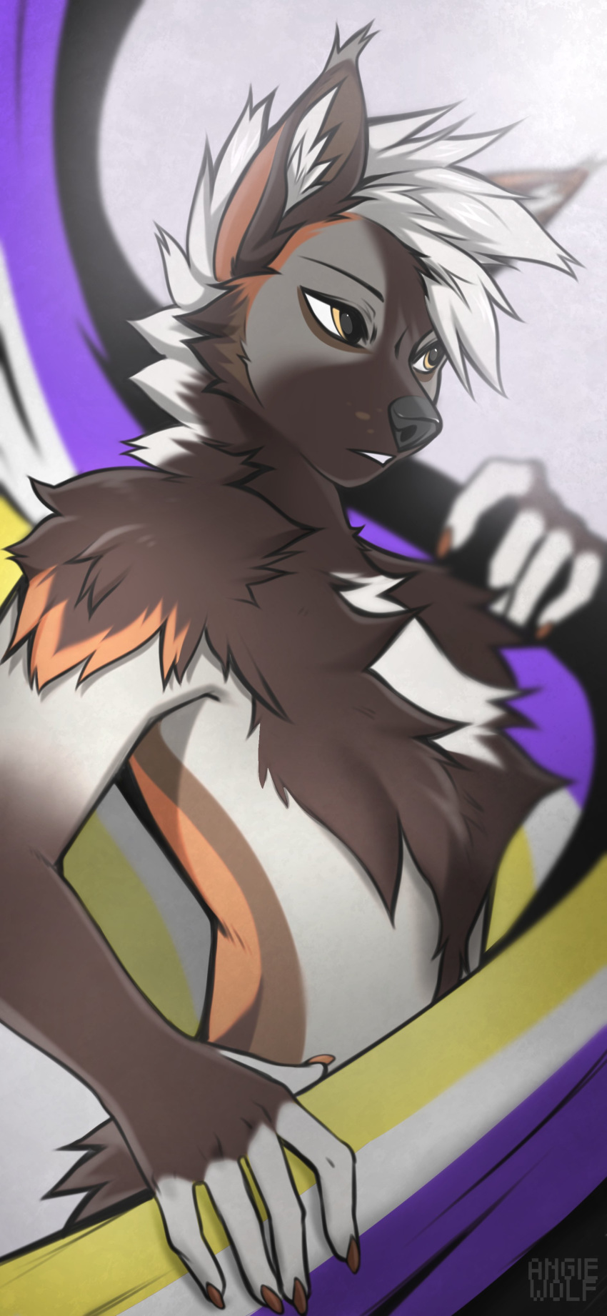 2020 5_fingers absurd_res angiewolf anthro black_nose brown_body brown_fur canid canine canis digital_media_(artwork) domestic_dog fingers fur hair hi_res male mammal solo white_hair yellow_eyes