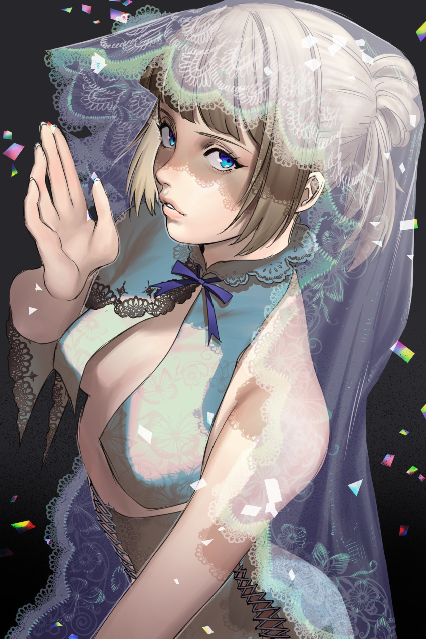1girl alternate_hair_color alternate_hair_length alternate_hairstyle bangs blue_eyes blunt_bangs breast_curtains breasts bridal_veil brown_hair commentary confetti crop_top english_commentary eyeliner fingernails hair_bun hanny_(uirusu_chan) highres lili_(tekken) lips looking_at_viewer makeup nose official_alternate_costume revealing_clothes short_ponytail small_breasts solo tekken updo veil