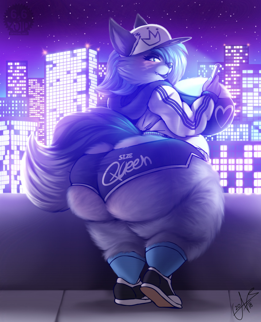 2018 absurd_res anthro big_breasts big_butt big_thighs black_nose blue_eyes blue_hair blush booty_shorts breasts butt canine city clothed clothing detailed_background detailed_fur digital_media_(artwork) dog female fluffy footwear fully_clothed fur grey_fur hair hat hi_res huge_breasts huge_butt hyper hyper_butt jacket legwear looking_at_viewer looking_back mammal night phone pinup pose seductive sheazu shoes signature slightly_chubby smile socks standing star thick_thighs tight_clothing watermark zoidberg656art